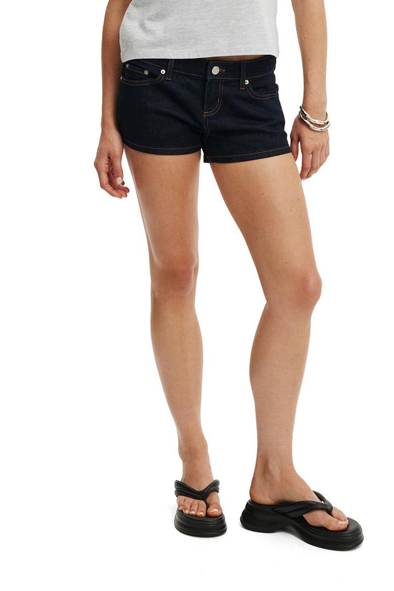 Micro Low Rise Denim Shorts, Main, color, ARIES BLUE