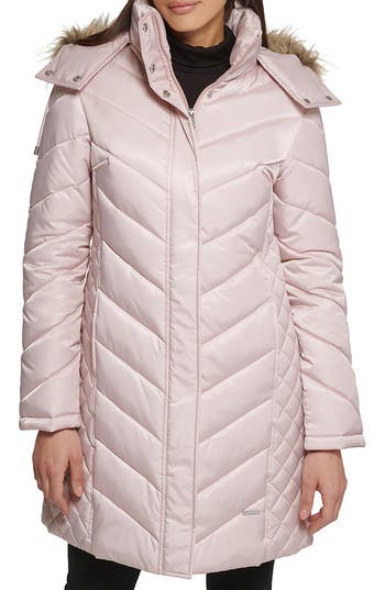 Kenneth Cole New York Faux Fur Trim Longline Puffer Jacket In Rose Dust