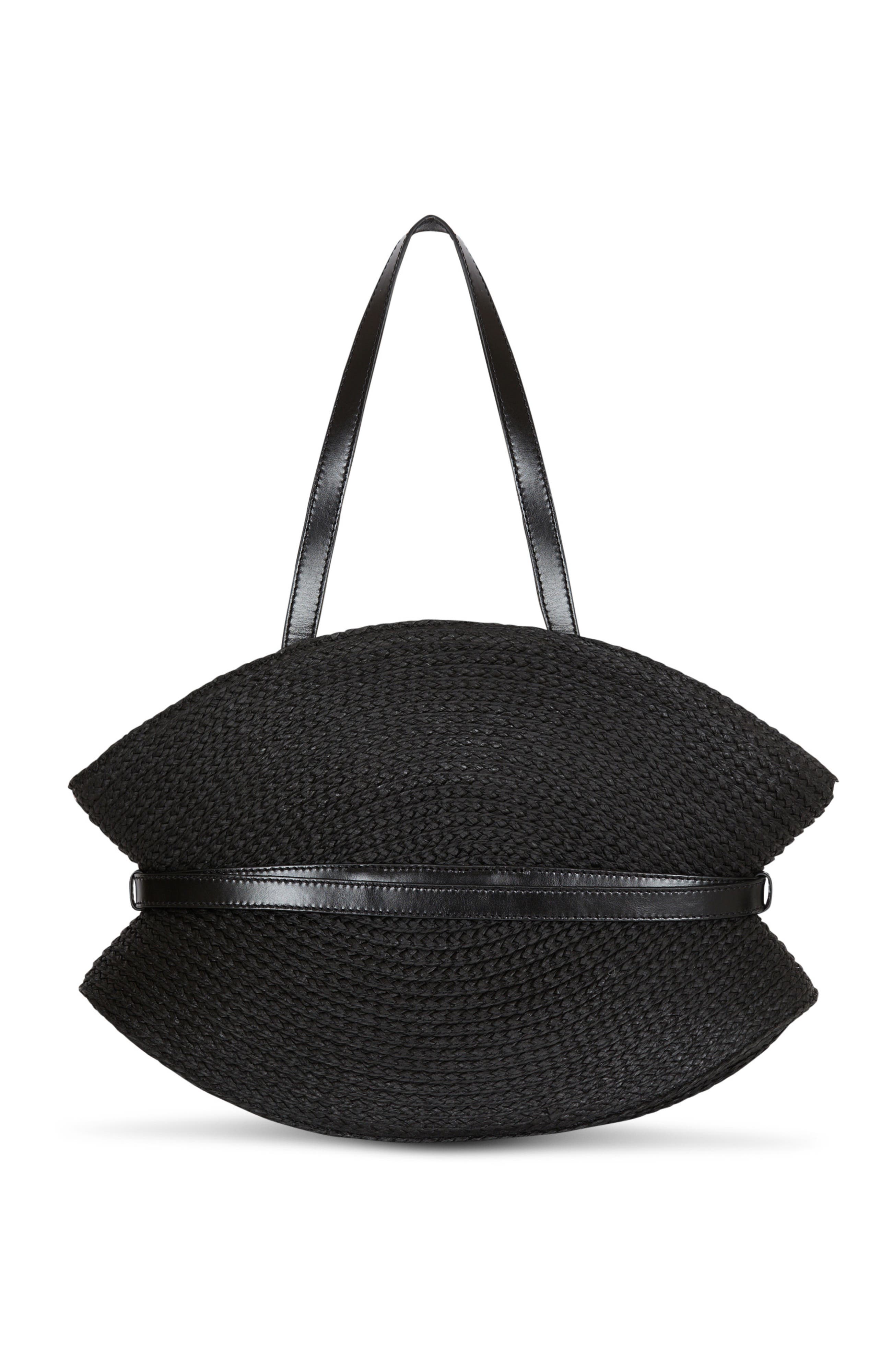 Shuffle Medium bag in calfskin leather and raffia, Alternate, color, black