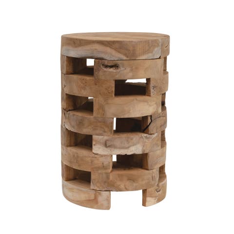 Round Teakwood Stool with Textured Surface, Brown