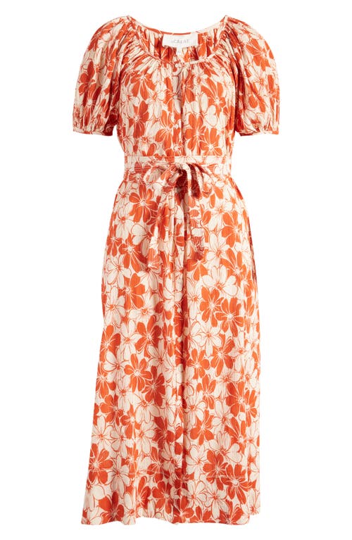The Great . The Seascape Floral Crinkle Cotton Dress In Burnt Red Hibiscus Flower