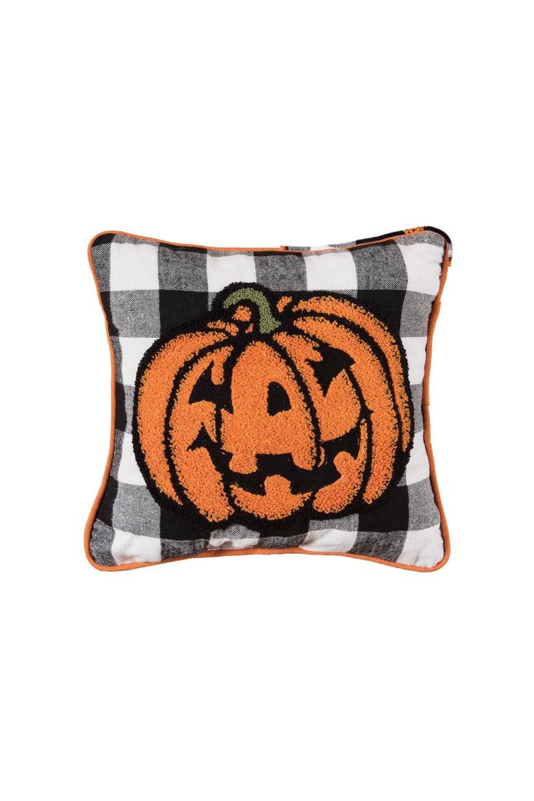 Jack-O-Lantern Pumpkin Check Tufted Halloween Accent Pillow, 12" x 12", Main, color, Orange