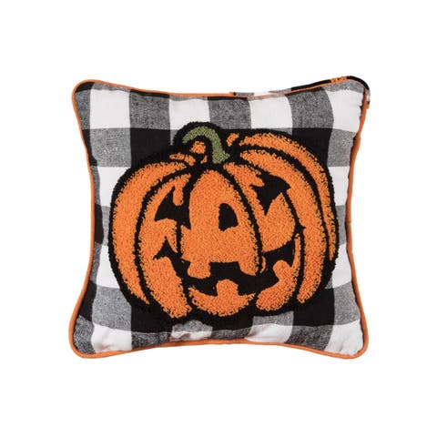 Jack-O-Lantern Pumpkin Check Tufted Halloween Accent Pillow, 12" x 12"
