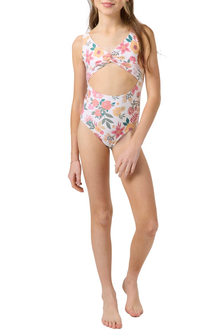 Camellia Floral Twist Cutout One-Piece Swimsuit, Alternate, color, VANILLA