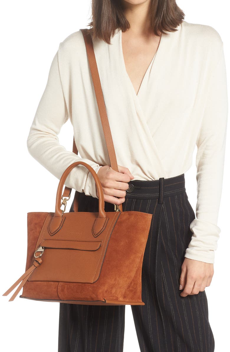 Longchamp Medium Mailbox Suede & Leather Top Handle Bag, Alternate, color, Cognac