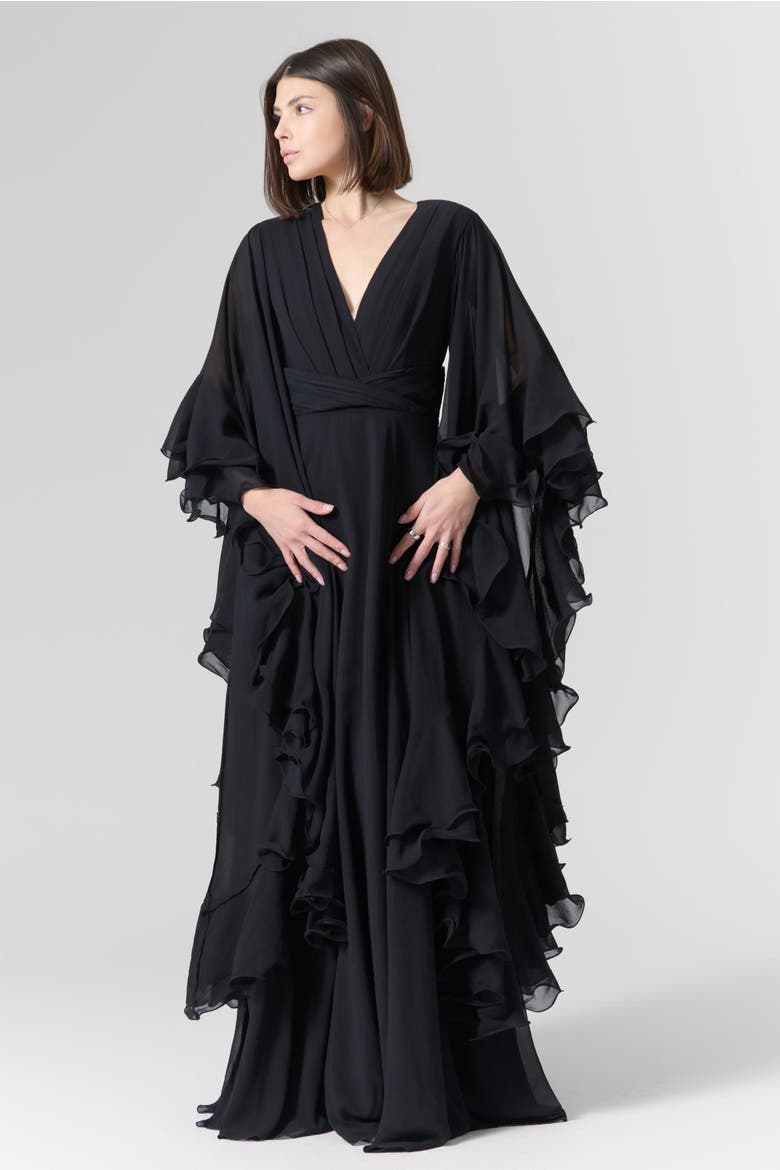 Luna Ruffles Sleeves Chiffon Maxi Dress, Alternate, color, Black