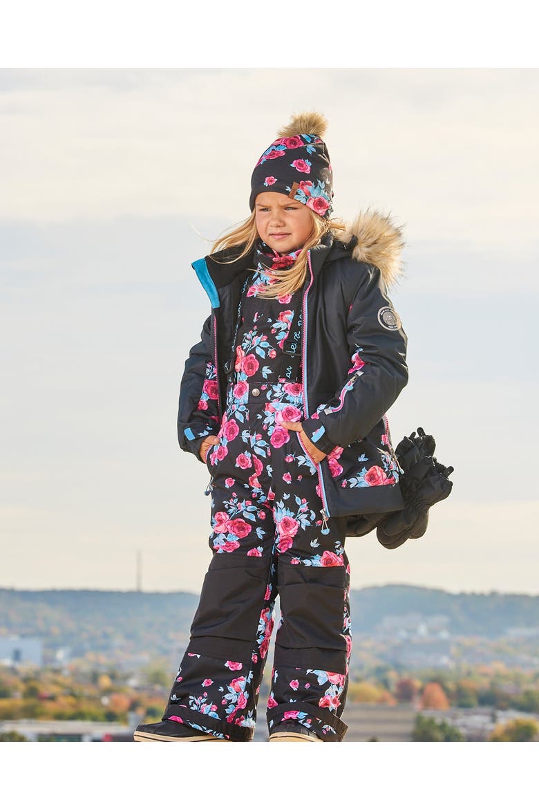 Girl's Two Piece Snowsuit Black Printed Roses, Alternate, color, Printed Roses