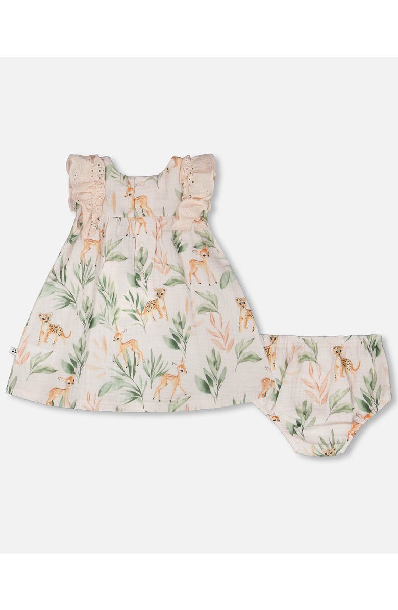 Deux par Deux Muslin Dress and Bloomer Deer Printed Set, Alternate, color, Peach Deer Print