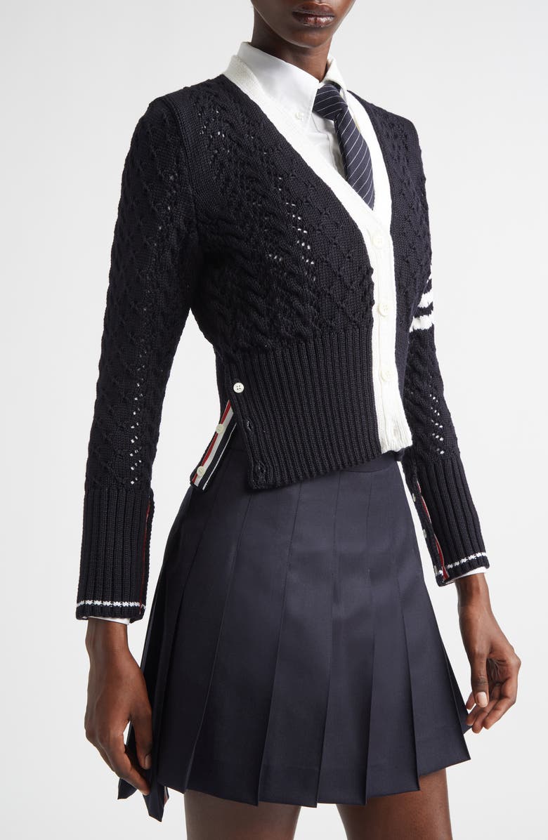 Thom Browne 4-Bar Pointelle Cable Virgin Wool Cardigan, Alternate, color, Navy