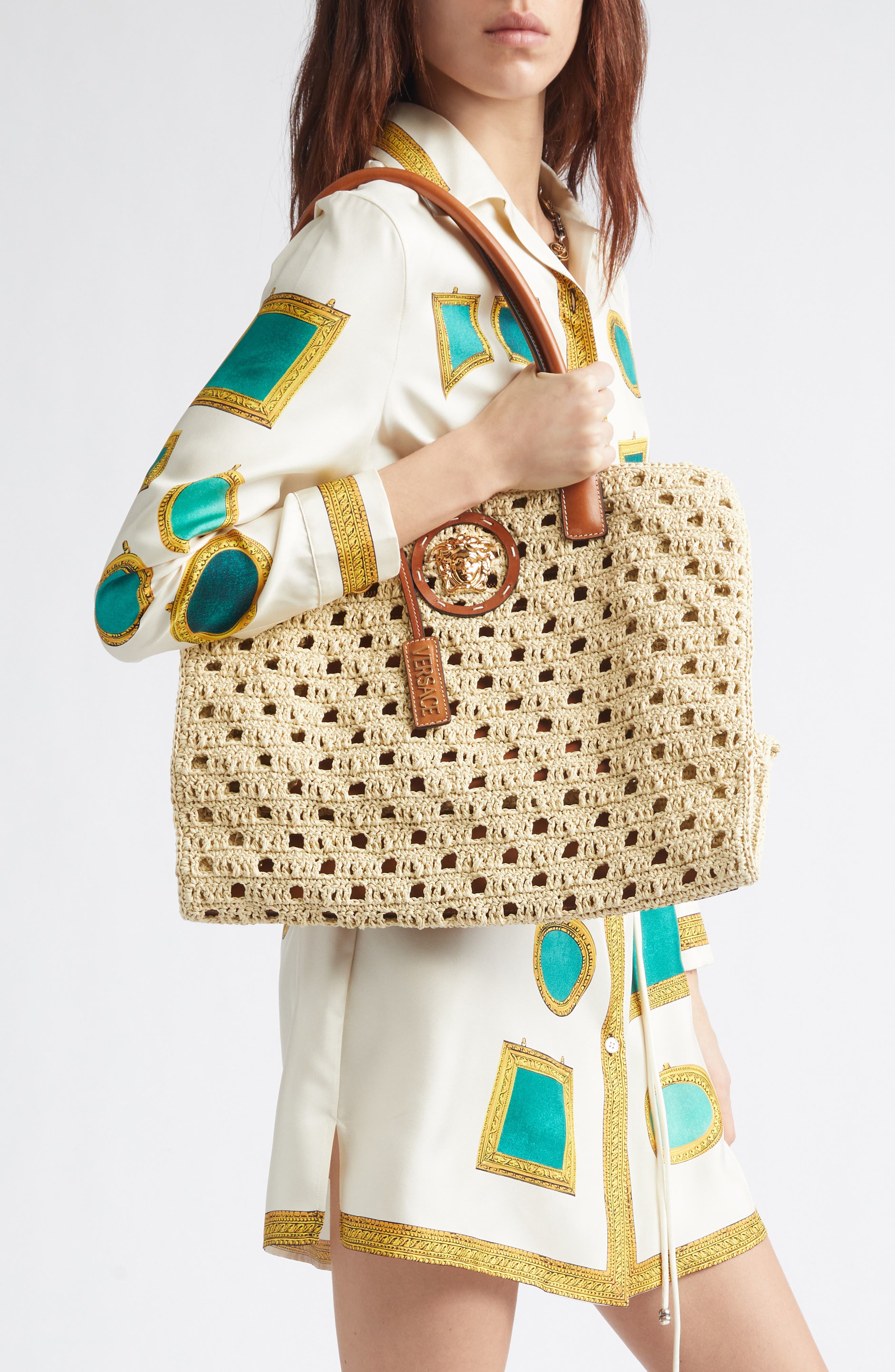 Versace Crochet Tote, Alternate, color, Natural Ambrer Gold