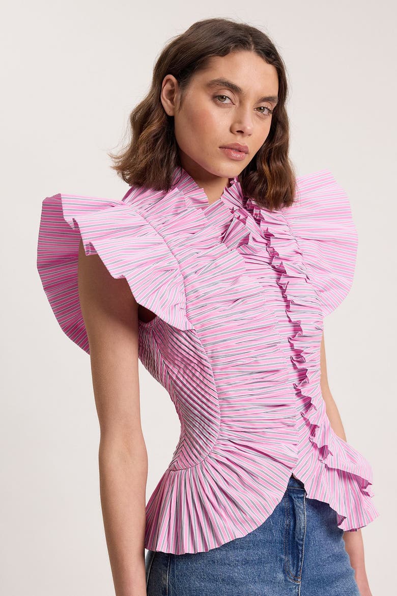 High Neck Ruffle Sleeve Top, Alternate, color, Pink