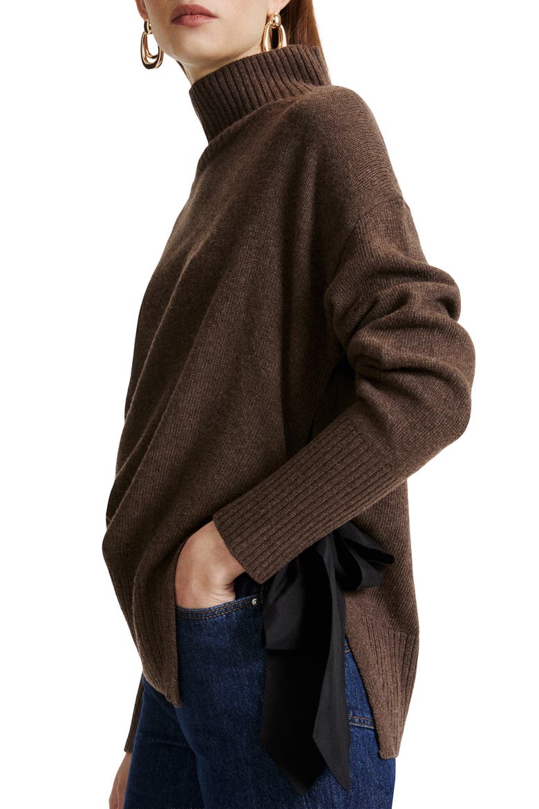 Silk Detail Mock Neck Sweater, Alternate, color, DARK BROWN