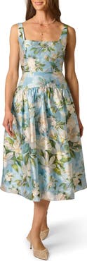 Adrianna Papell Gathered Floral Organza Midi Dress