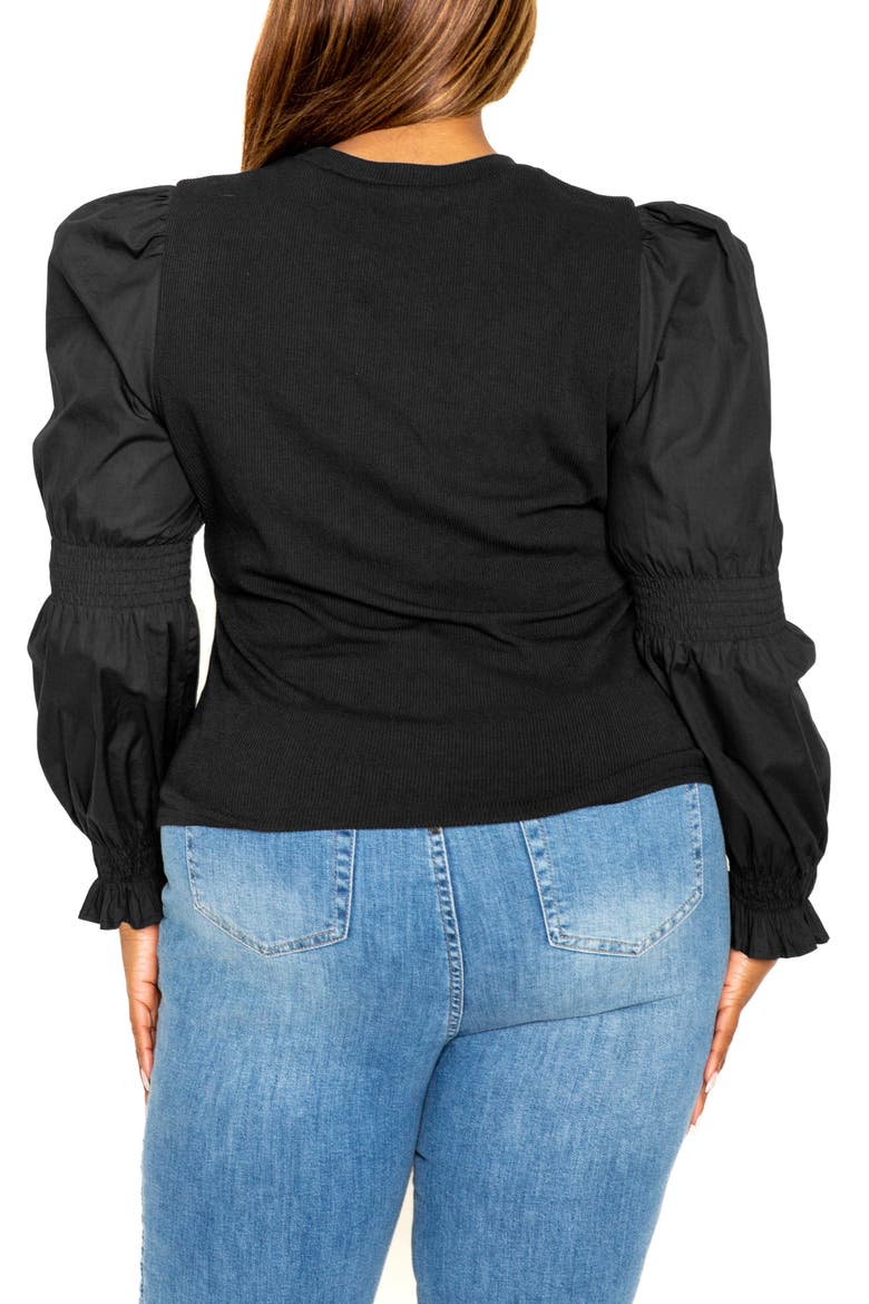 Mixed Media Balloon Sleeve Blouse, Alternate, color, BLACK