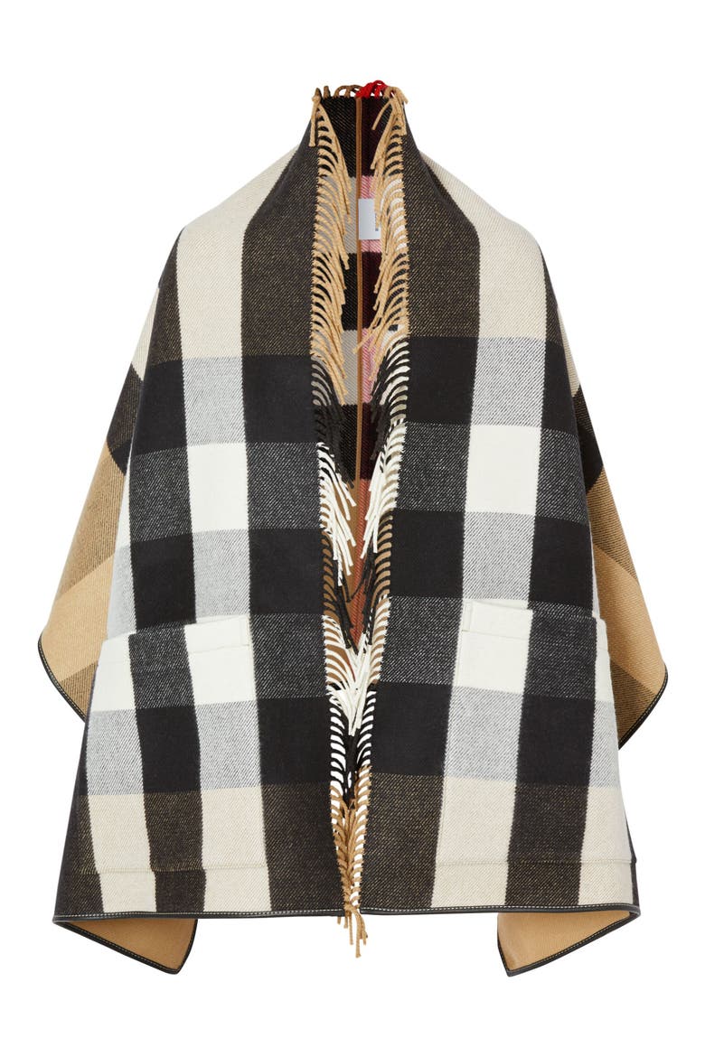 Check Fringe Wool & Cashmere Cape, Alternate, color, ARCHIVE BEIGE