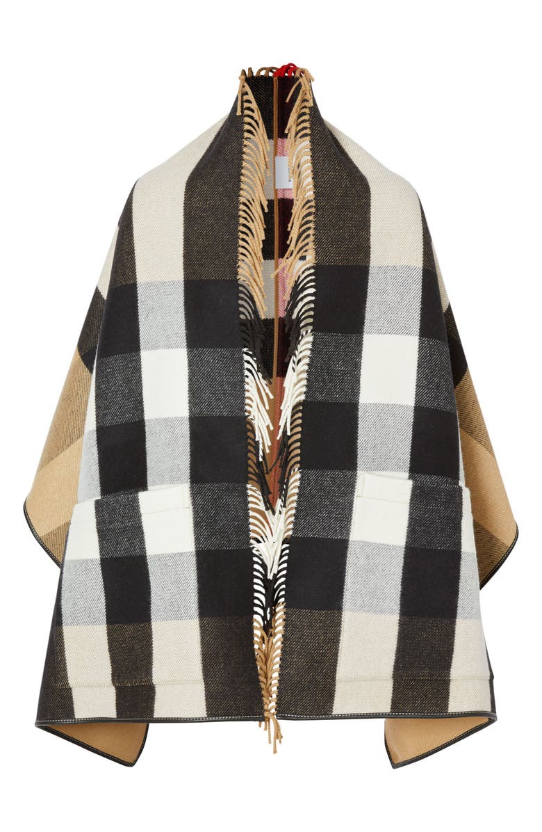 Burberry Check Fringe Wool & Cashmere Cape, Alternate, color,