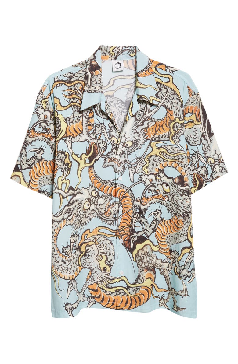 ENDLESS JOY Tiga Naga Print Camp Shirt, Alternate, color, Blue