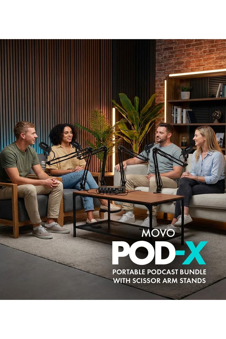 Four Person Podcast Equipment Bundle with 4 Channel USB Audio Interface, 4 CastMic Dynamic Microphones, and 4 Boom Arms, Alternate, color, Black