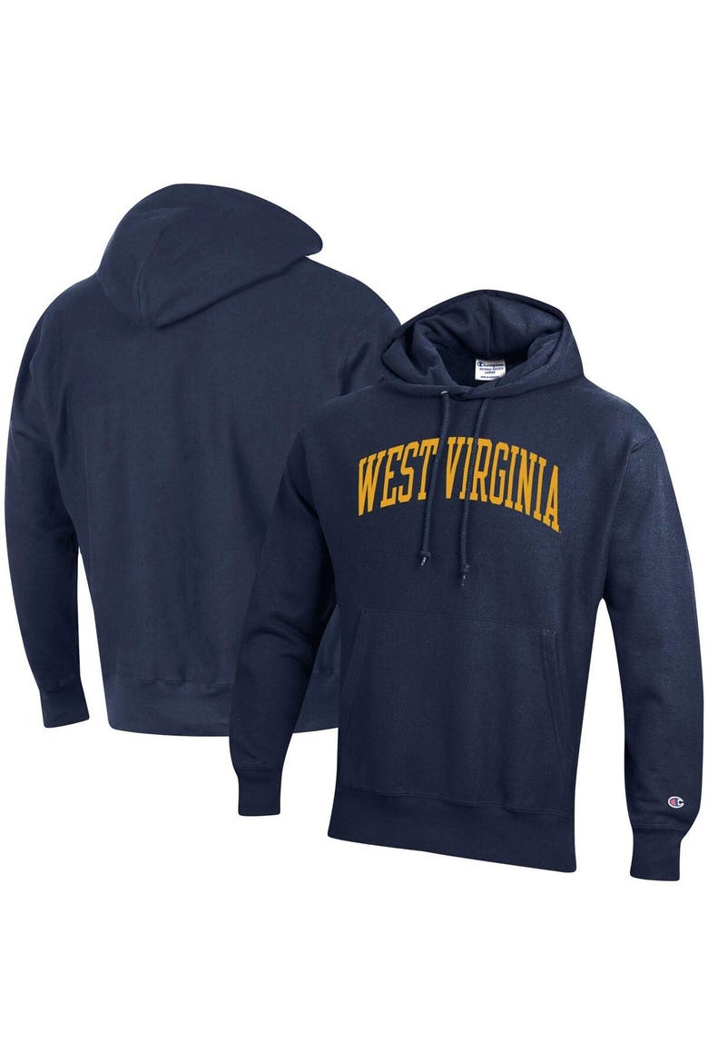 Men's Champion Navy West Virginia Mountaineers Team Arch Reverse Weave Pullover Hoodie, Main, color, Navy
