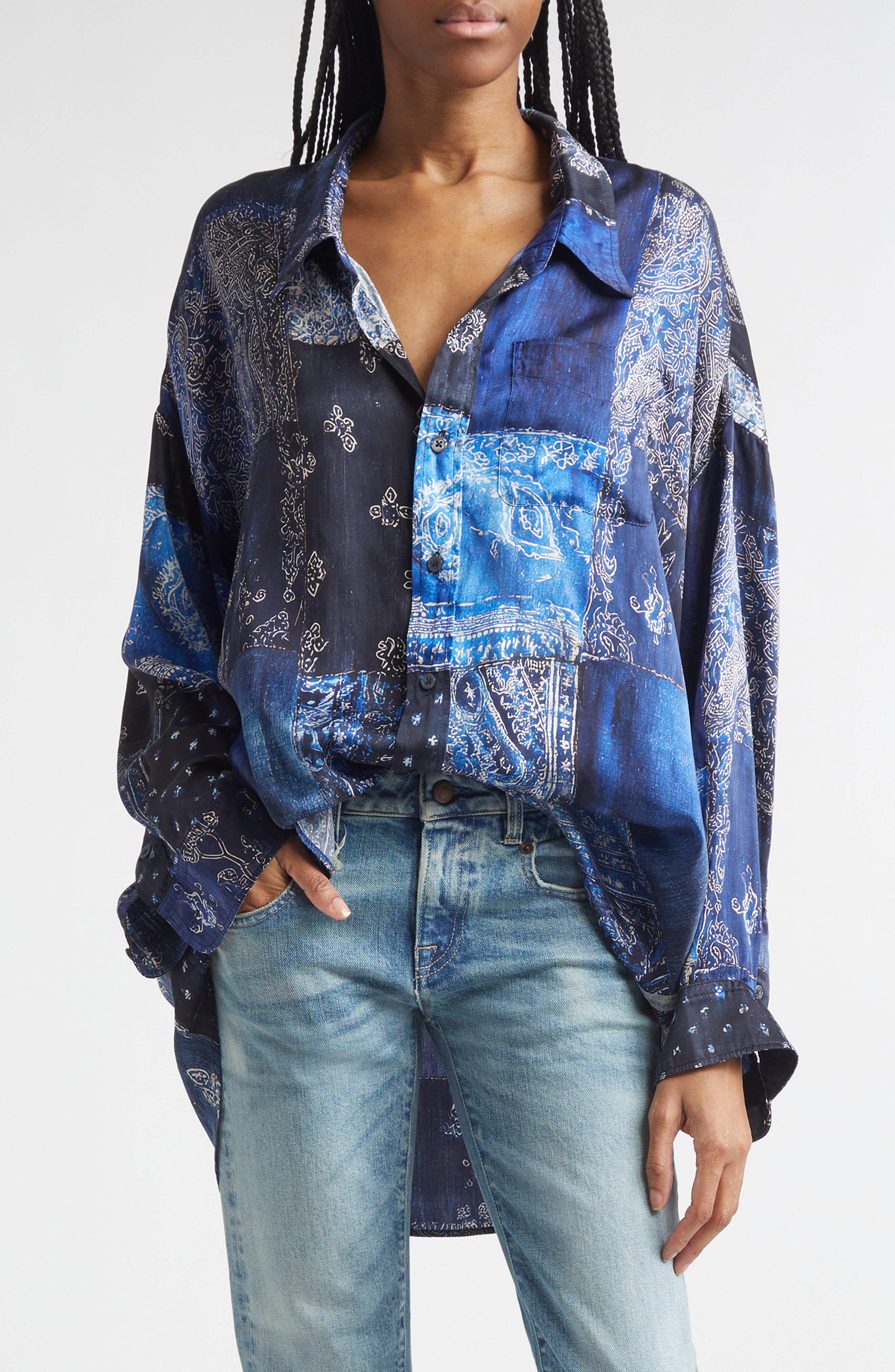 Drop Neck Patchwork Oversize Silk Button-Up Shirt