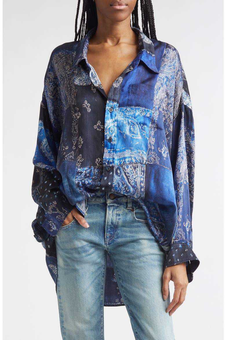 Drop Neck Patchwork Oversize Silk Button-Up Shirt, Main, color, BLUE MULTI BANDANA PRINT