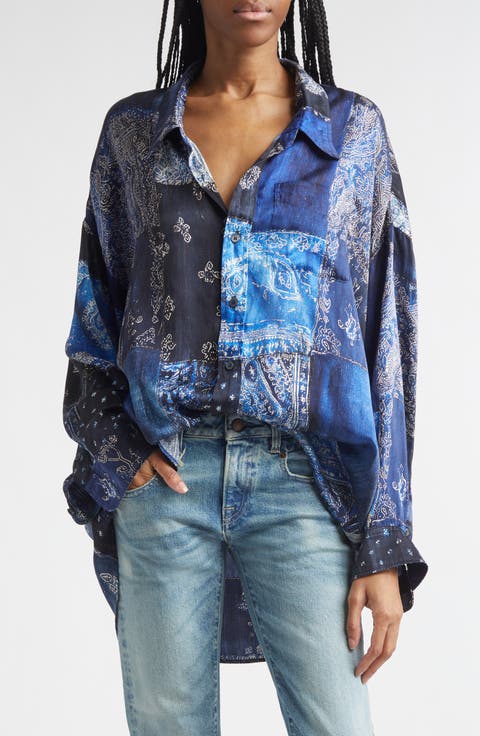Drop Neck Patchwork Oversize Silk Button-Up Shirt