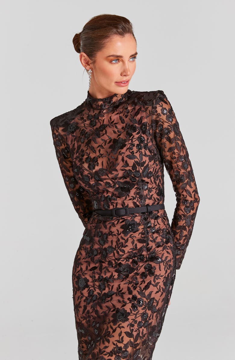 NADINE MERABI Gabriella Sequin Floral Long Sleeve Mermaid Gown, Alternate, color,