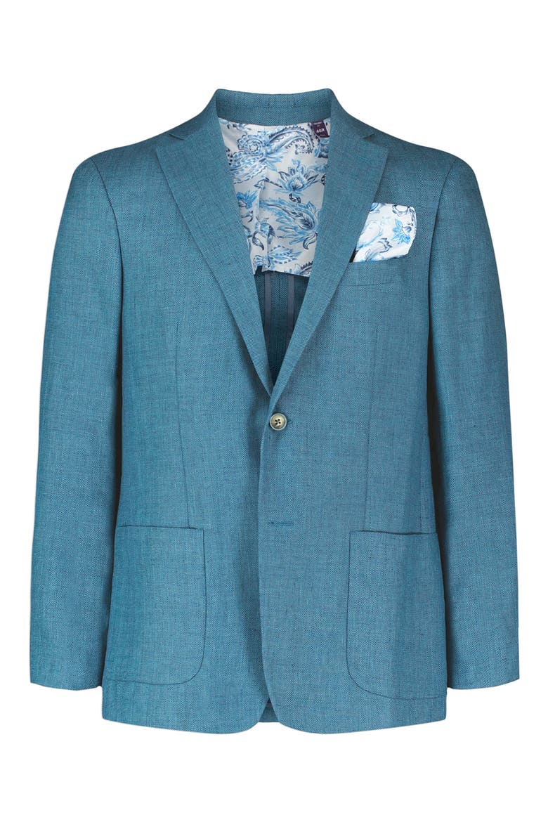 Fawler Tailored Fit Teal Blue Linen & Wool Herringbone Sport Coat, Alternate, color, LIGHT BLUE