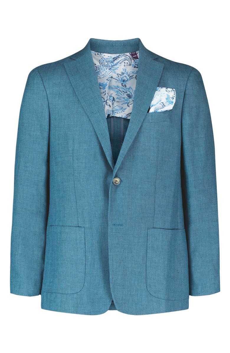 Robert Graham Fawler Tailored Fit Teal Blue Linen & Wool Herringbone Sport Coat, Alternate, color, Light Blue
