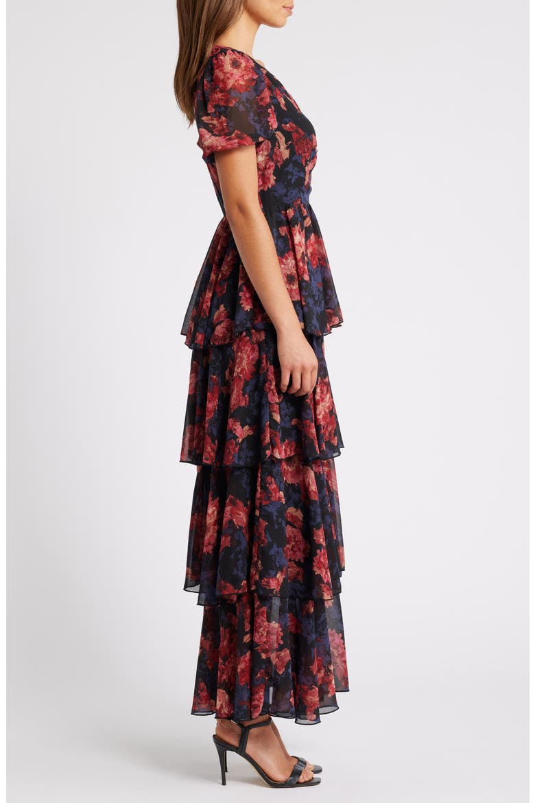 Floral Tiered Chiffon Dress, Alternate, color, BLACK- PINK CANVASED BLOOMS
