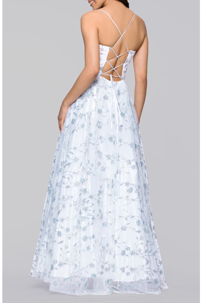 Glitter Floral Sleeveless Gown, Alternate, color, IVORY/ PERIWINKLE