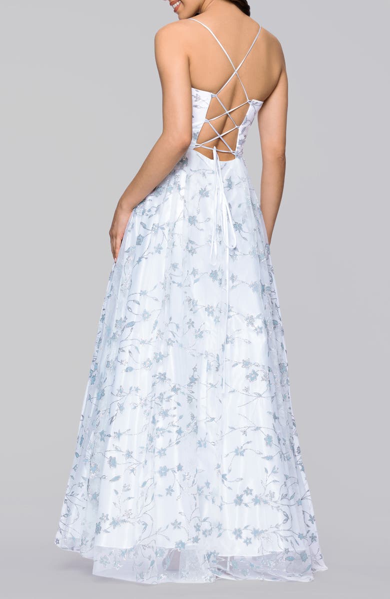 Blondie Nites Glitter Floral Sleeveless Gown, Alternate, color, Ivory/ Periwinkle