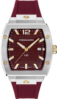 FERRAGAMO F-80 Tonneau Silicone Strap Watch, 42mm