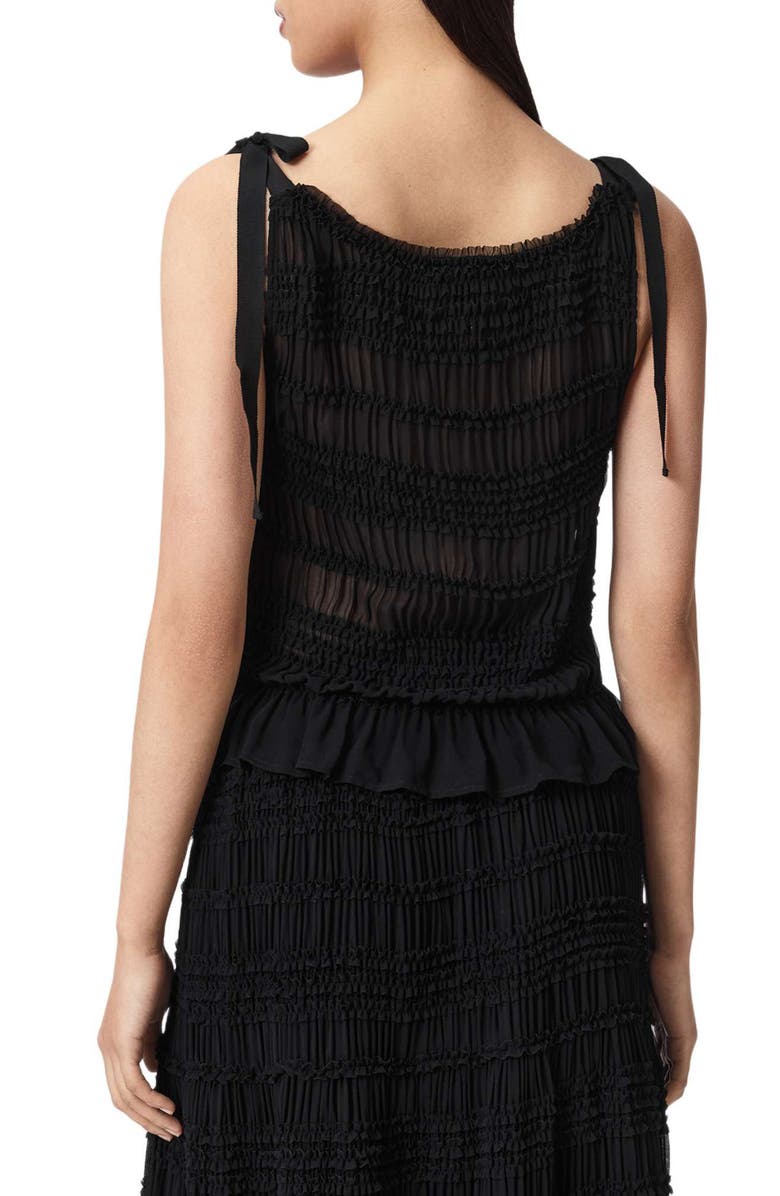 AllSaints Lotus Sheer Shirred Tie Shoulder Peplum Top, Alternate, color, Black