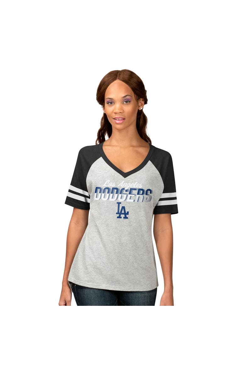 Women's G-III 4Her by Carl Banks Heather Gray Los Angeles Dodgers Goal Line Raglan V-Neck T-Shirt, Main, color, Heather Gray