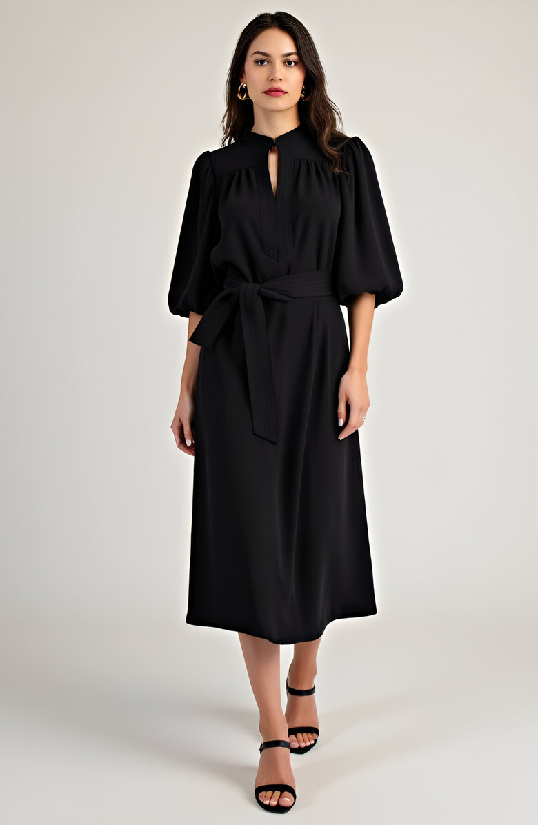 Modenaire Puff Sleeve Midi Dress with Belt, Main, color, Black