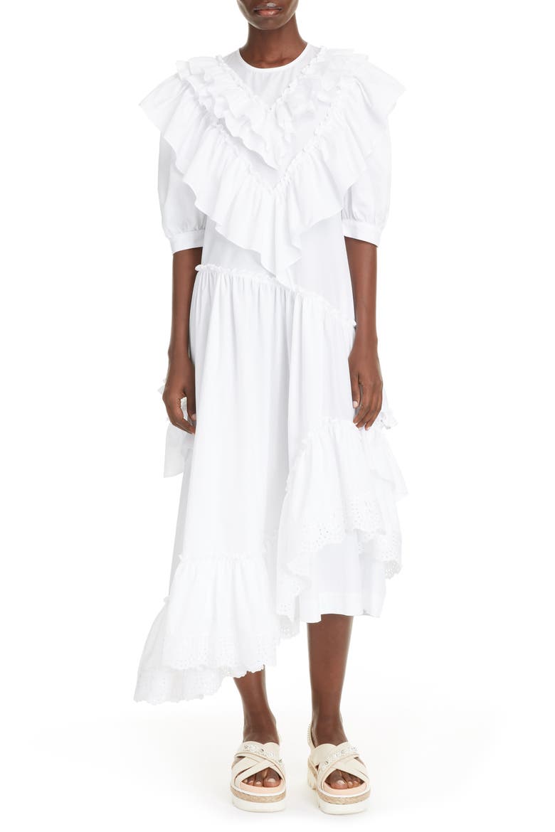 Asymmetrical Ruffle Cotton Poplin Midi Dress, Main, color, WHITE