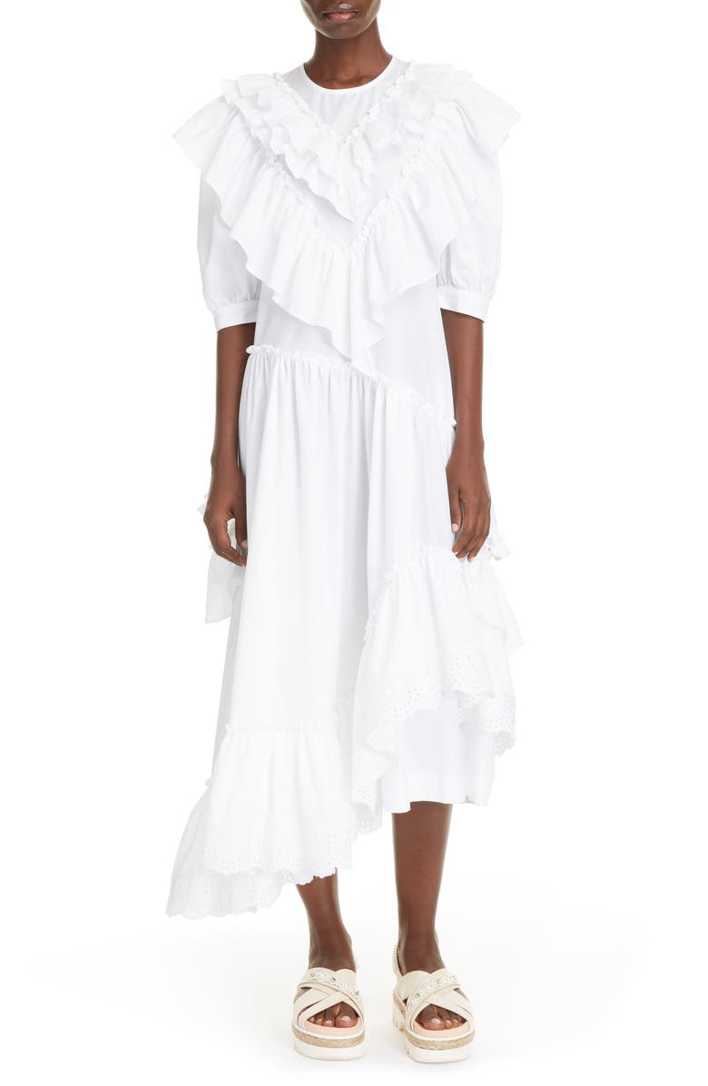 Simone Rocha Asymmetrical Ruffle Cotton Poplin Midi Dress, Main, color, 