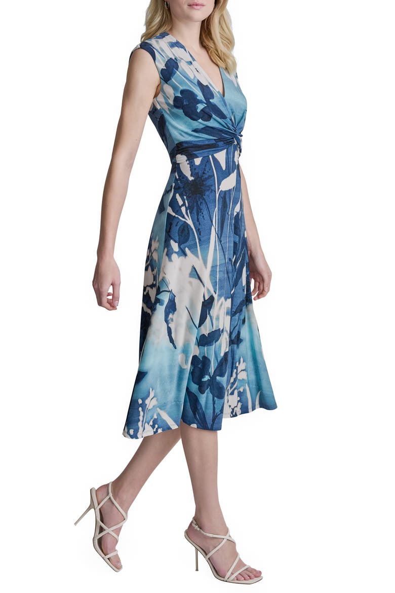 Floral Cap Sleeve Matte Jersey Midi Dress, Alternate, color, INDIGO MULTI