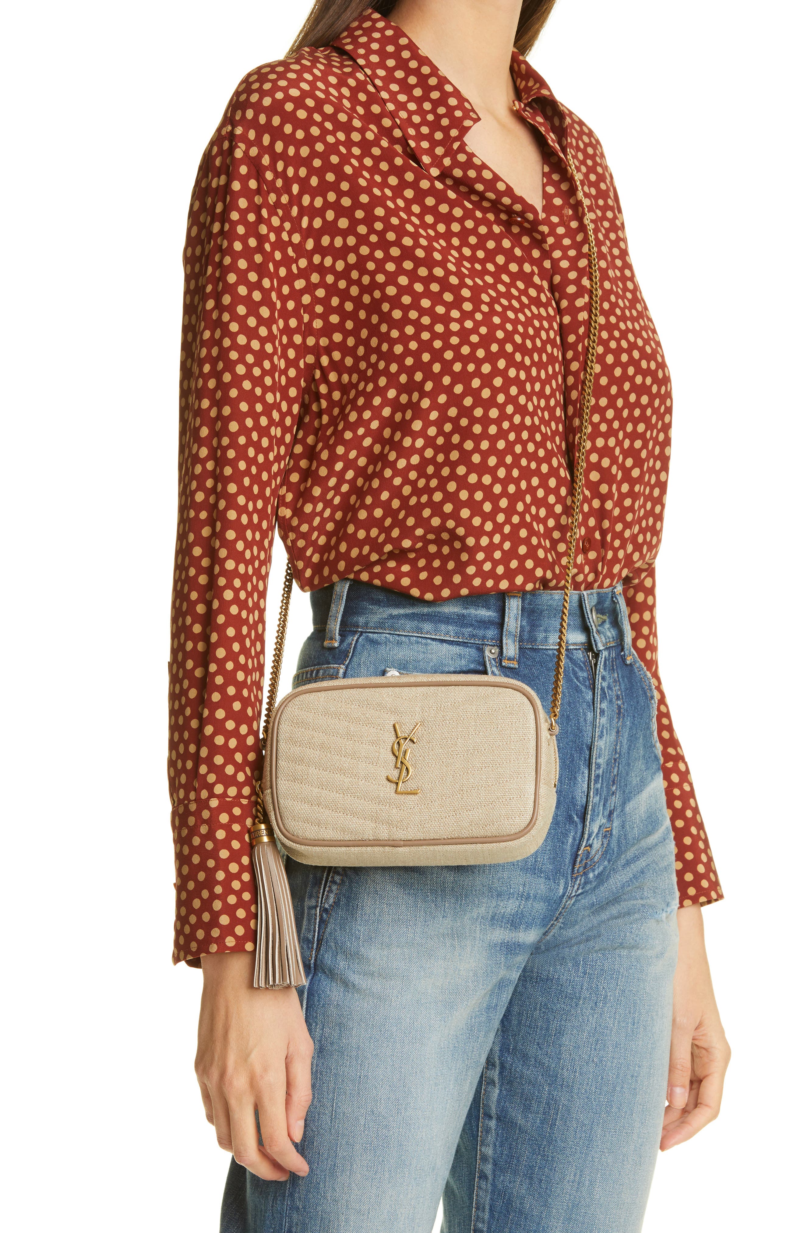 Saint Laurent Mini Lou Matelassé Linen Shoulder Bag, Alternate, color, 