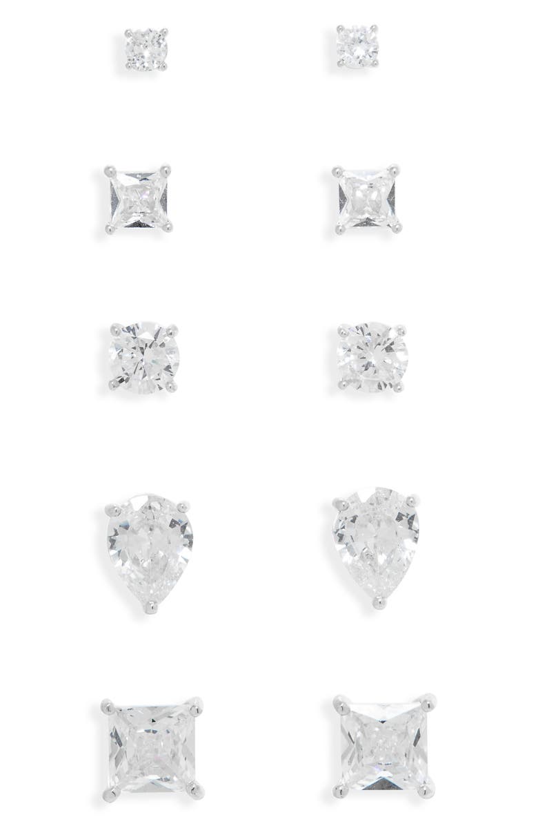NORDSTROM RACK Set of 5 Cubic Zirconia Stud Earrings, Alternate, color, Clear- Silver