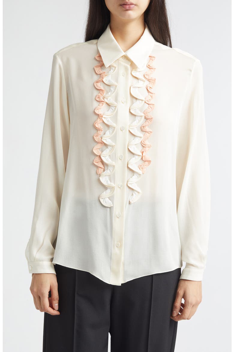 Ruffle Appliqué Silk Crêpe de Chine Button-Up Shirt, Main, color, BROWN/ ANTIQUE WHITE
