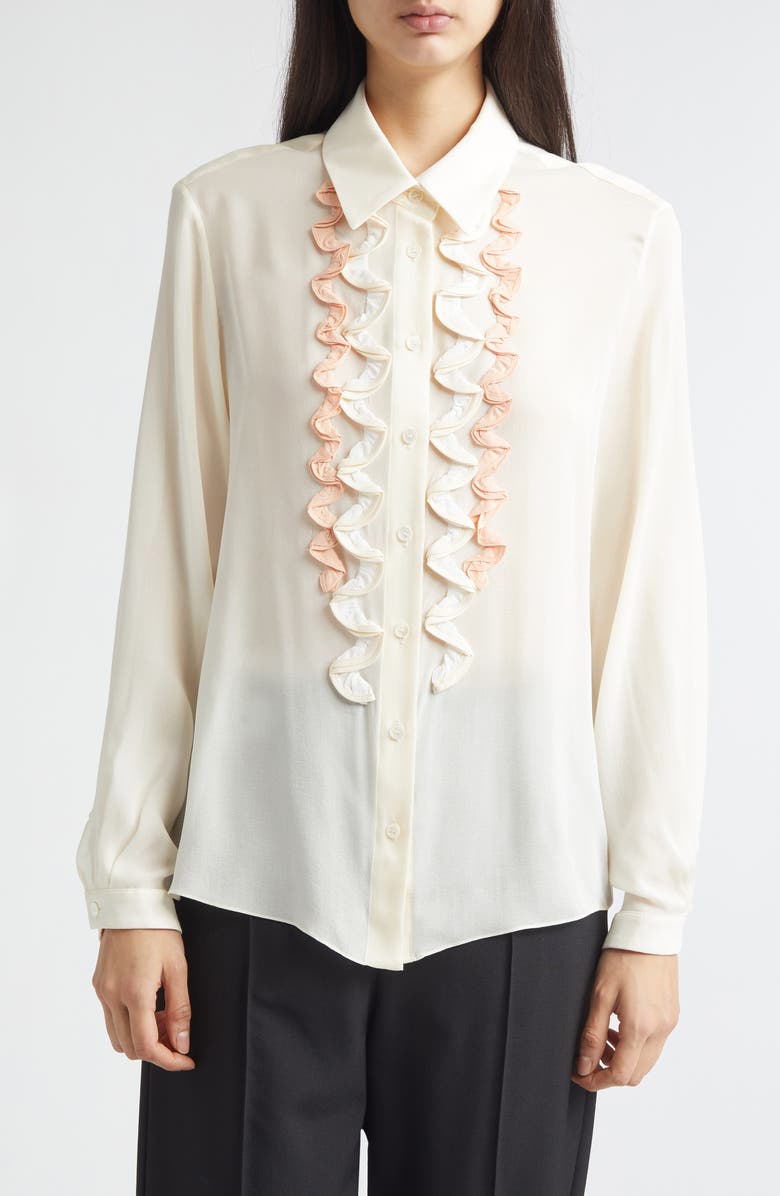 Marni Ruffle Appliqué Silk Crêpe de Chine Button-Up Shirt, Main, color, Brown/ Antique White