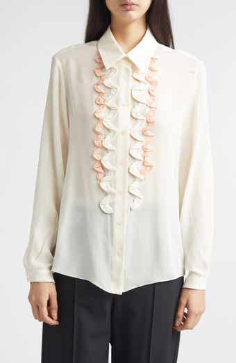 Ruffle Appliqué Silk Crêpe de Chine Button-Up Shirt