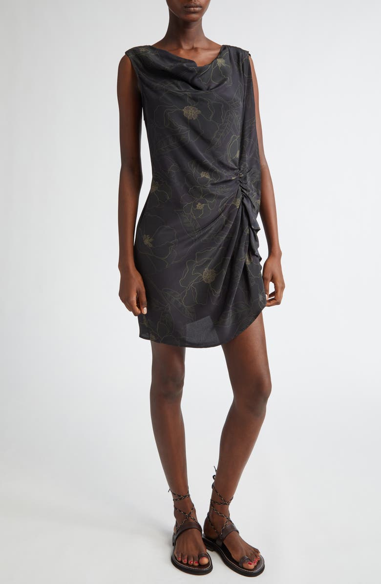 Dries Van Noten Floral Asymmetric Ruched Cascade Ruffle Sleeveless Silk Top, Main, color,