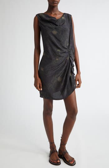 Dries Van Noten Floral Asymmetric Ruched Cascade Ruffle Sleeveless Silk Top