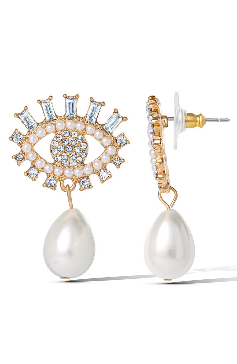 Jessica Simpson Gold-Tone Evil Eye Pearl Drop Earrings, Alternate, color, White