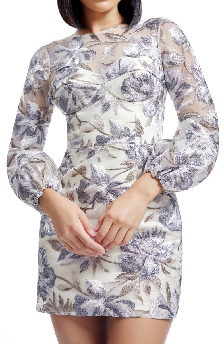 Dress the Population Mila Embroidered Floral Long Sleeve Cocktail Minidress, Alternate, color, Ivory Multi