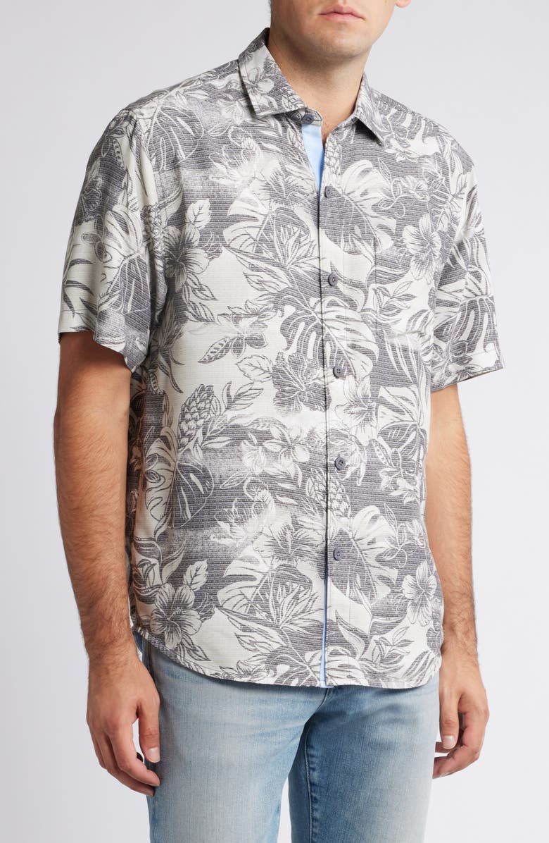 Tommy Bahama Coconut Point Ocean Escape Floral IslandZone<sup>®</sup> Short Sleeve Performance Button-Up Shirt, Main, color,
