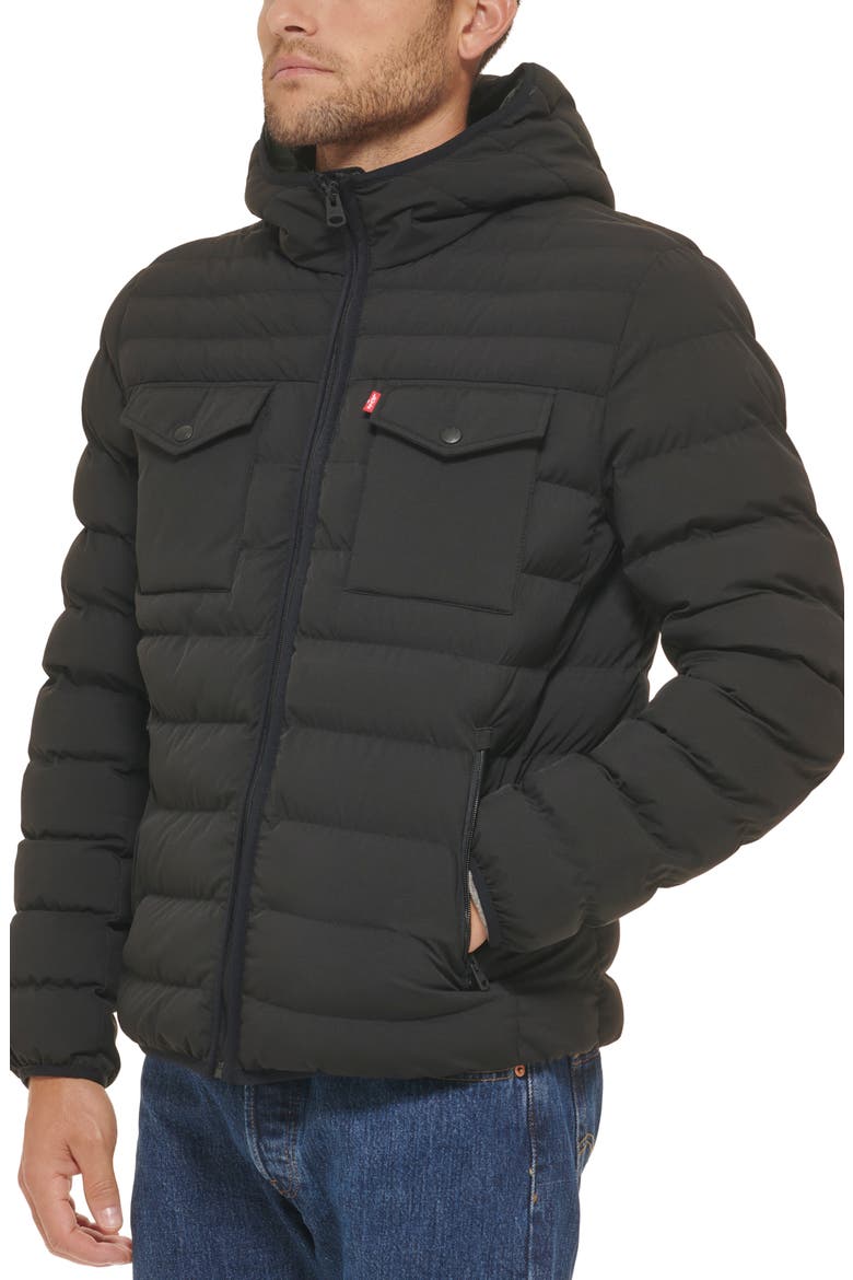 Stretch Hooded Puffer Jacket, Alternate, color, BLACK